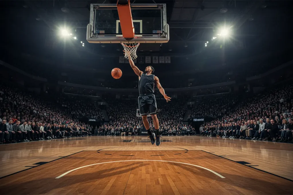 Basketball Handicap Wetten – Spieler beim Wurf auf den Korb in einer vollen Arena