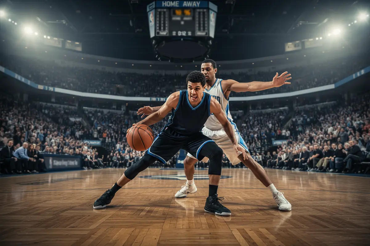 Basketball Livewetten – Spannendes Turniermoment mit Spielern in Aktion unter Hallenbeleuchtung