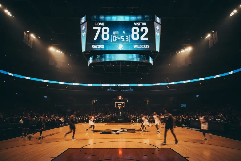 Basketball Quoten verstehen – Nahaufnahme einer Anzeigetafel mit Spielstand in einer Basketballhalle