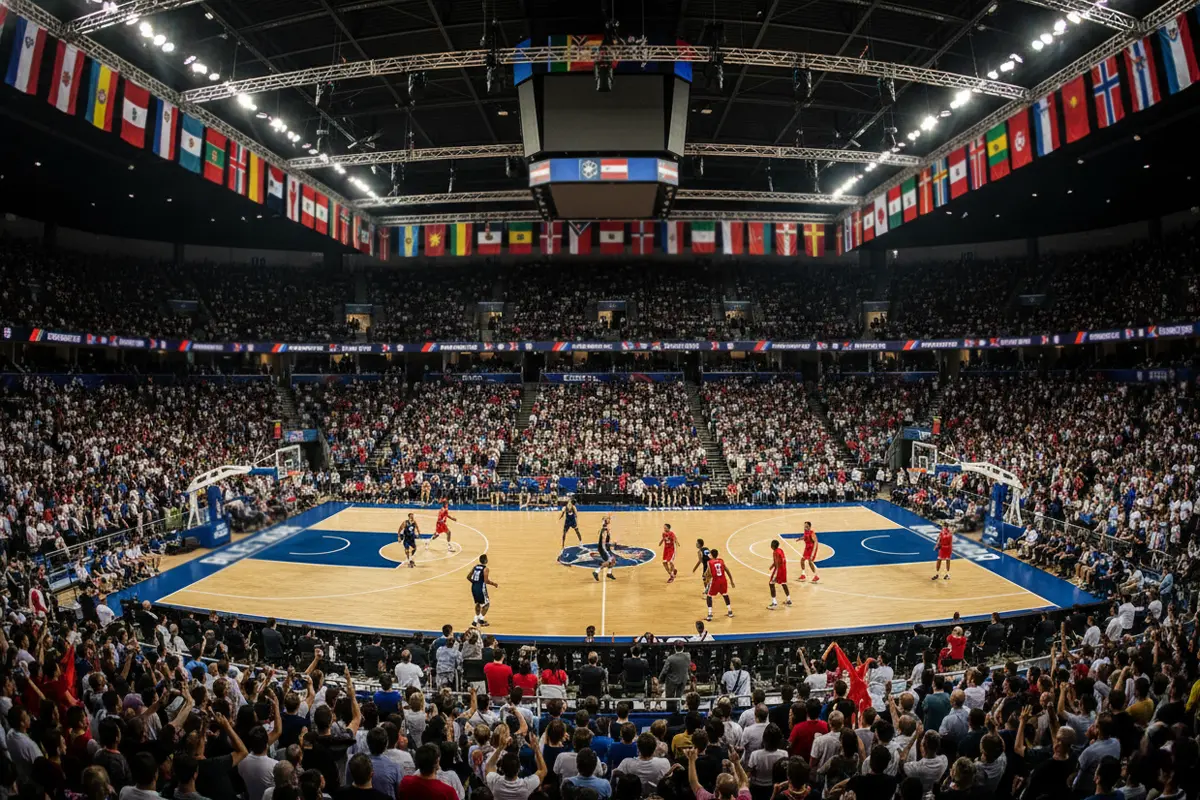 Basketball-Turnier – Nationalmannschaften spielen in einer großen Arena vor begeistertem Publikum