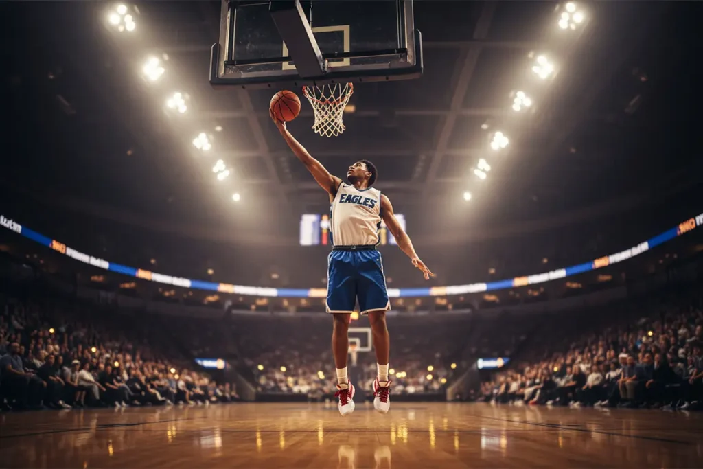 Basketball Wetten ohne Unentschieden – Basketballspieler beim Korbleger in einer beleuchteten Halle