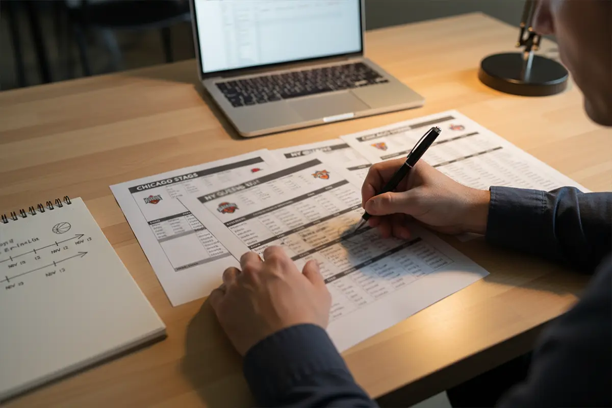 Basketball Wetten Strategien – Person analysiert Spielstatistiken und Kaderaufstellungen am Schreibtisch