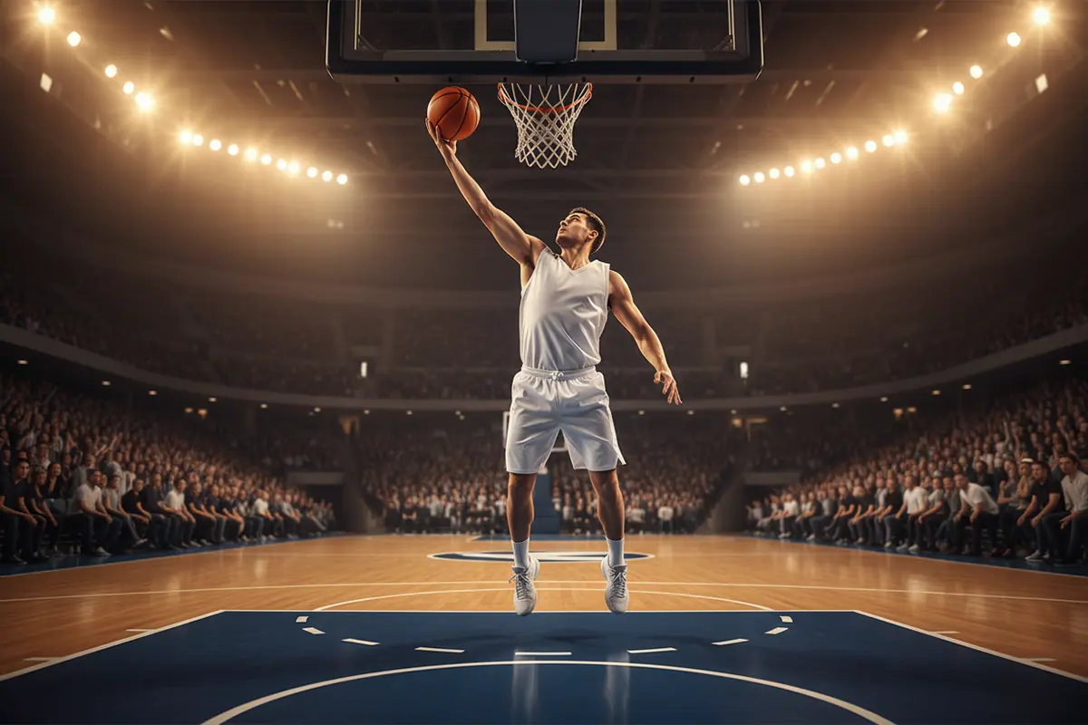 Basketball Wettarten erklärt – Spieler beim Korbleger in einer vollen Arena