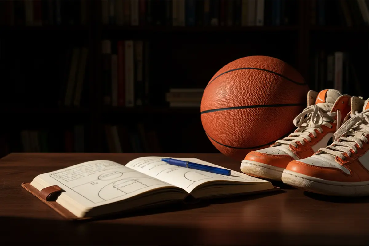 Basketball Wetten Strategien – Analyse-Notizbuch und Basketballschuhe neben einem Spielfeld