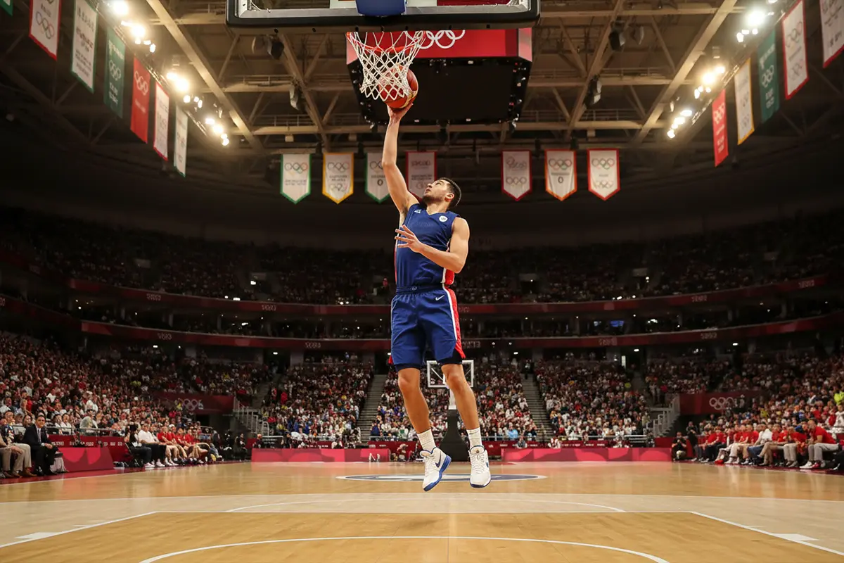 Basketball Olympia Wetten – Basketballspieler beim Sprungwurf in einer olympischen Arena