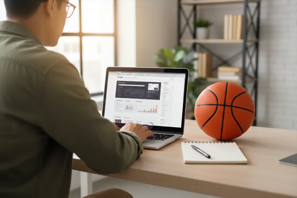 Basketball Wettanbieter Vergleich – Person vergleicht Wettquoten auf einem Laptop vor einem Basketballspiel