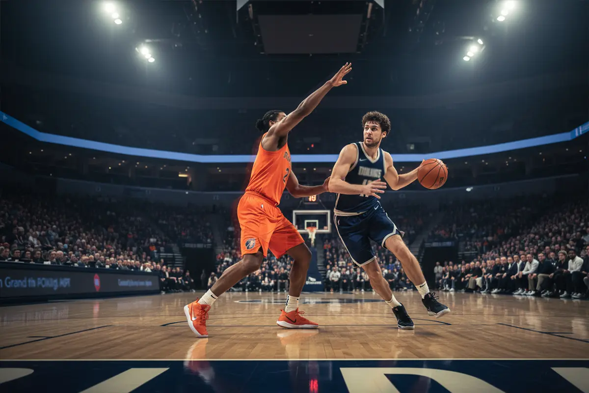 Basketball Livewetten – Basketballspieler in Aktion während eines laufenden Spiels unter Hallenbeleuchtung