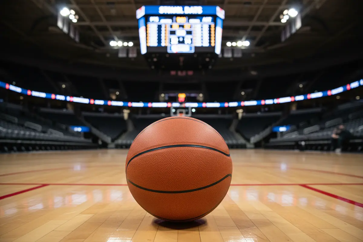 Basketball Wetten Statistiken – Basketballspieler auf dem Court mit Statistik-Overlay auf einer Hallenanzeigetafel