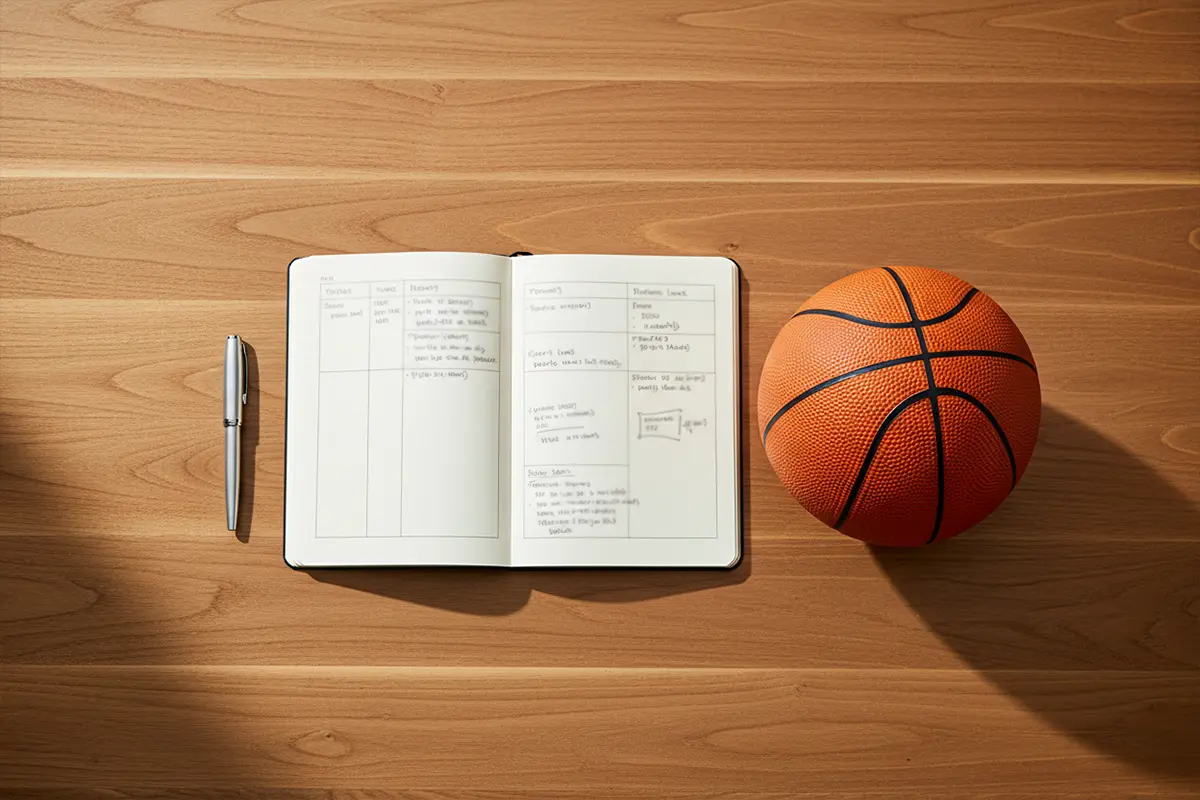 Bankroll-Management für Basketball-Wetter – Notizbuch mit Wettstrategie neben einem Basketball auf einem Schreibtisch