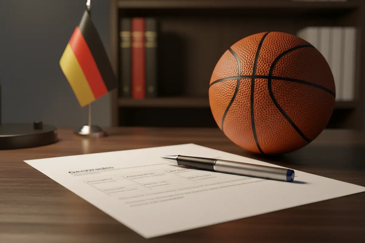 Wettsteuer Deutschland – Dokument mit Steuerberechnung neben einem Basketball auf einem Schreibtisch