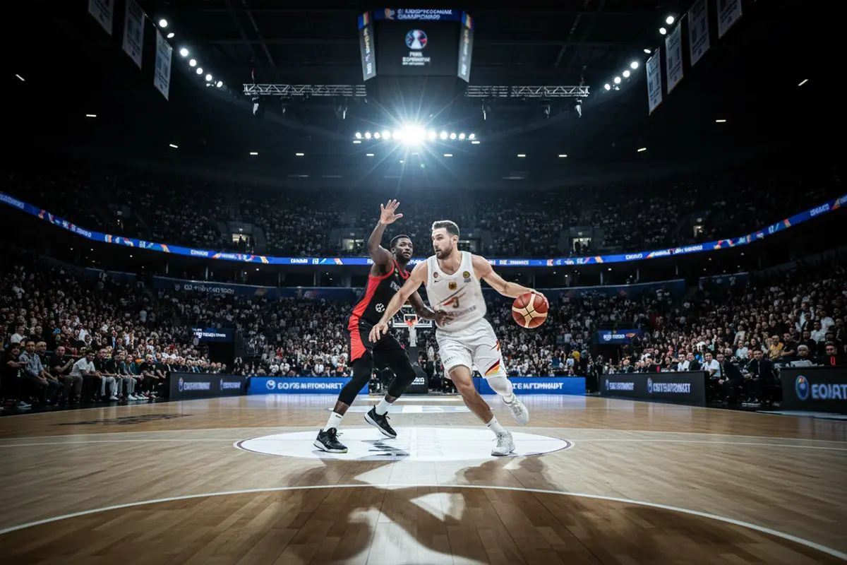 Deutsche Basketball-Ära – Point Guard am Ball während eines internationalen Basketballspiels in einer vollen Arena