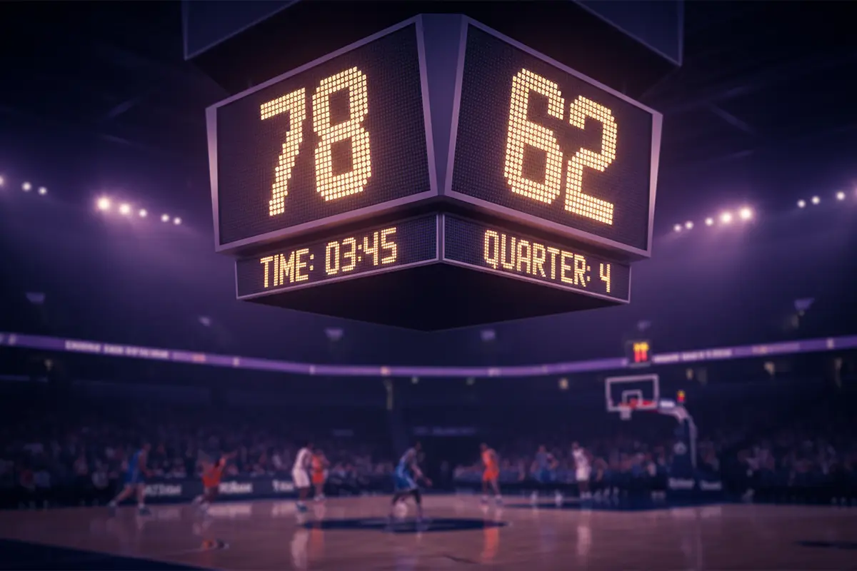 Over/Under Wetten Basketball – Anzeigetafel mit Punktestand während eines Basketballspiels