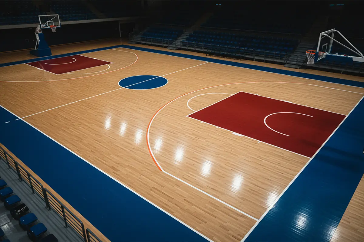 FIBA-Regeln für Wetter – Basketballfeld mit FIBA-Dreipunktlinie und Spielern während eines internationalen Spiels