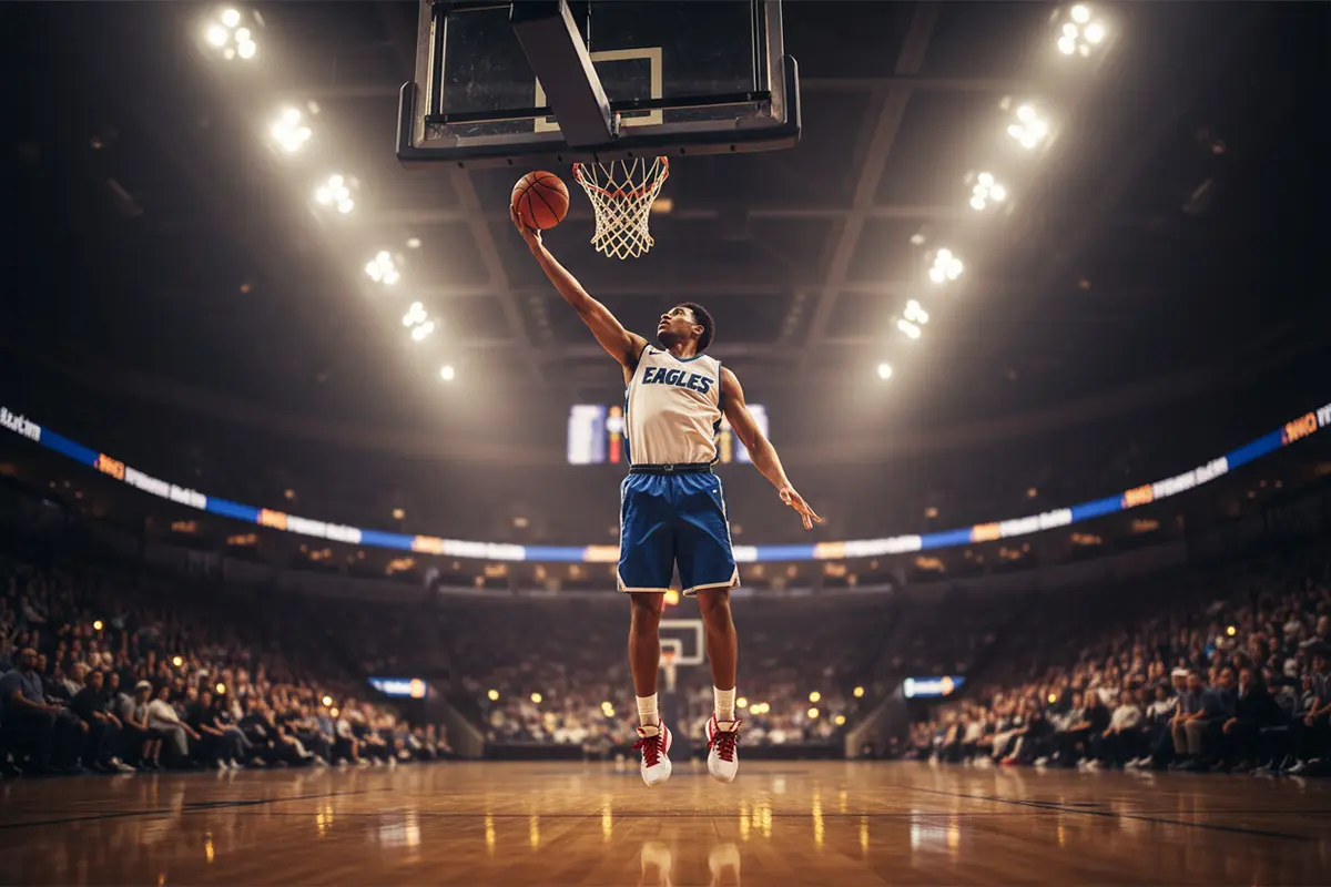 Basketball Wetten ohne Unentschieden – Basketballspieler beim Korbleger in einer beleuchteten Halle
