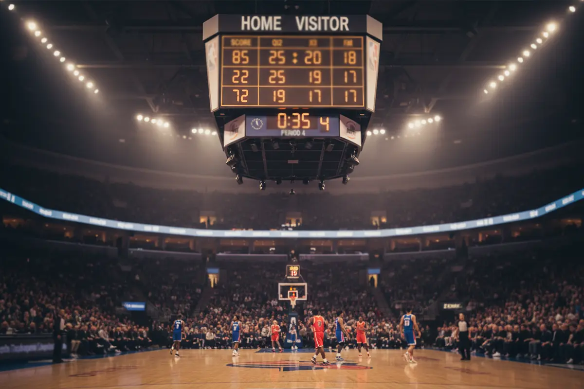 Basketball Viertelwetten – Blick auf die Anzeigetafel einer Basketball-Halle während des Spiels