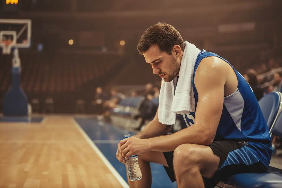 Back-to-Back-Games – erschöpfter Basketballspieler sitzt auf der Bank während einer Auszeit