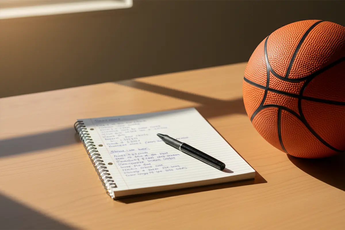 Basketball Wetten Glossar – aufgeschlagenes Notizbuch mit Wettbegriffen neben einem Basketball