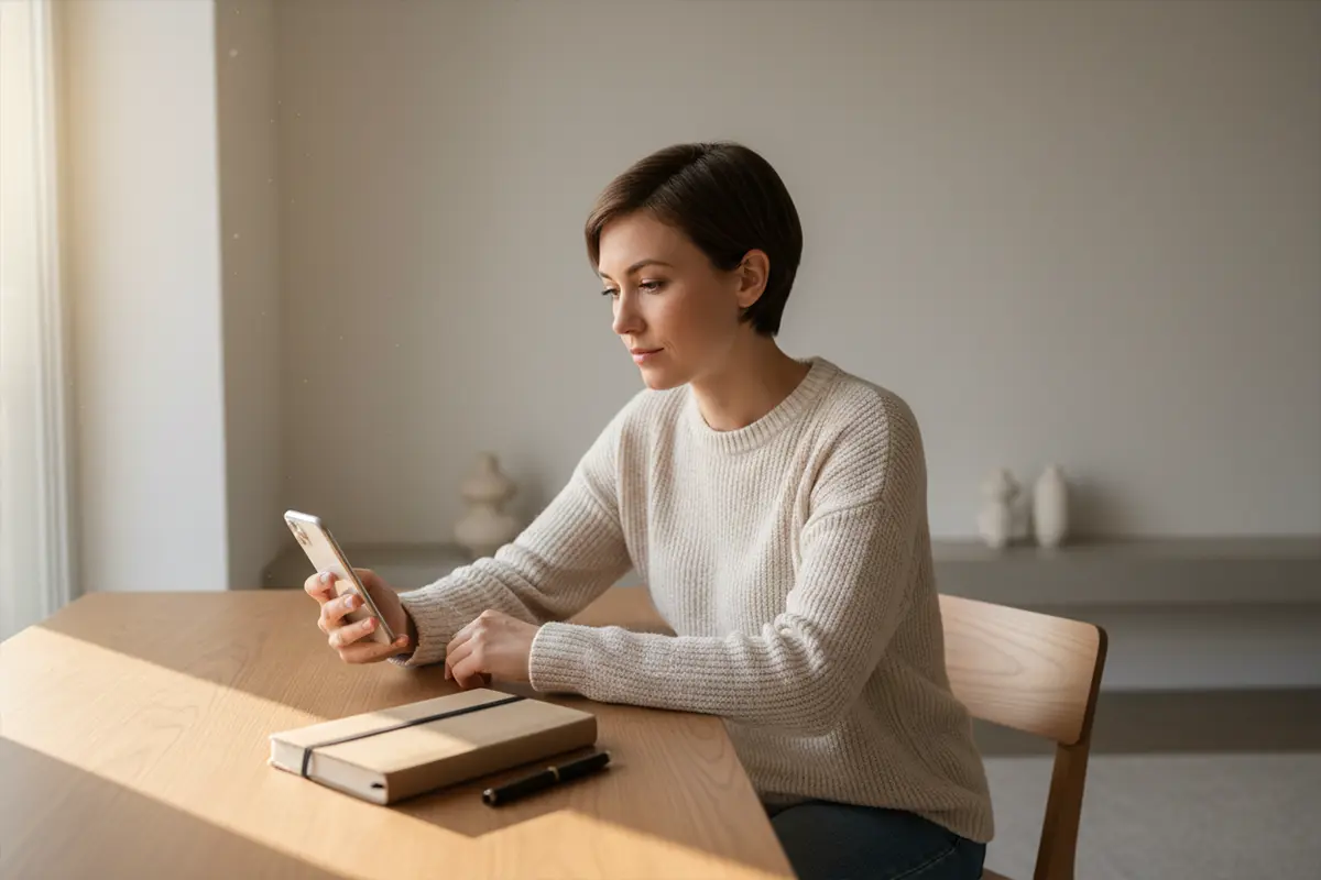 Verantwortungsvolles Wetten – nachdenkliche Person mit Smartphone in ruhiger Umgebung