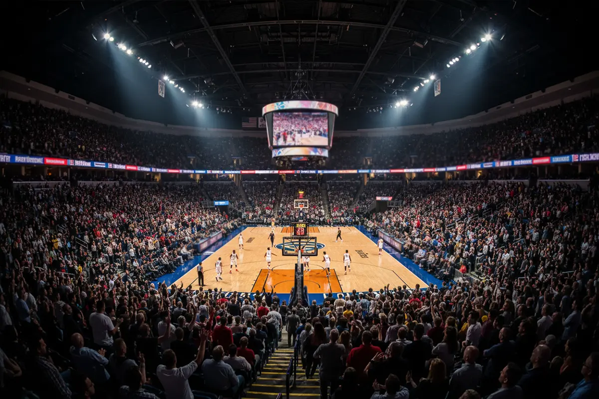 NBA Wetten – Blick auf ein NBA-Basketballspiel in einer großen Arena mit Zuschauern