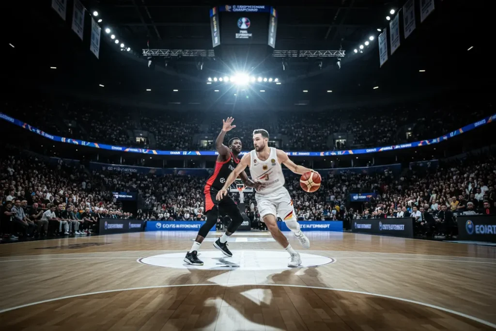 Deutsche Basketball-Ära – Point Guard am Ball während eines internationalen Basketballspiels in einer vollen Arena
